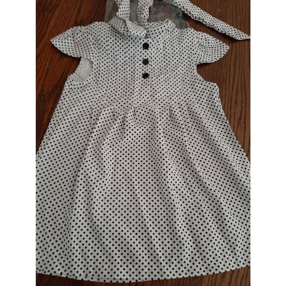 New Girl's 90 (2T) White Black Polka Dot Dress Tie Neck Short Sleeve - Picture 4 of 5